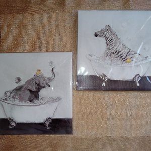 Wall Art 2-Set Unframed CANVASES, ELEPHANT & ZEBRA BUBBLE BATH GRAY/BLACK/SILVER